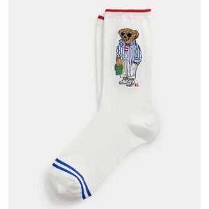 Polo Ralph Lauren Women's Polo Bear Crew Socks Striped Bear White SZ 9-11 NWT